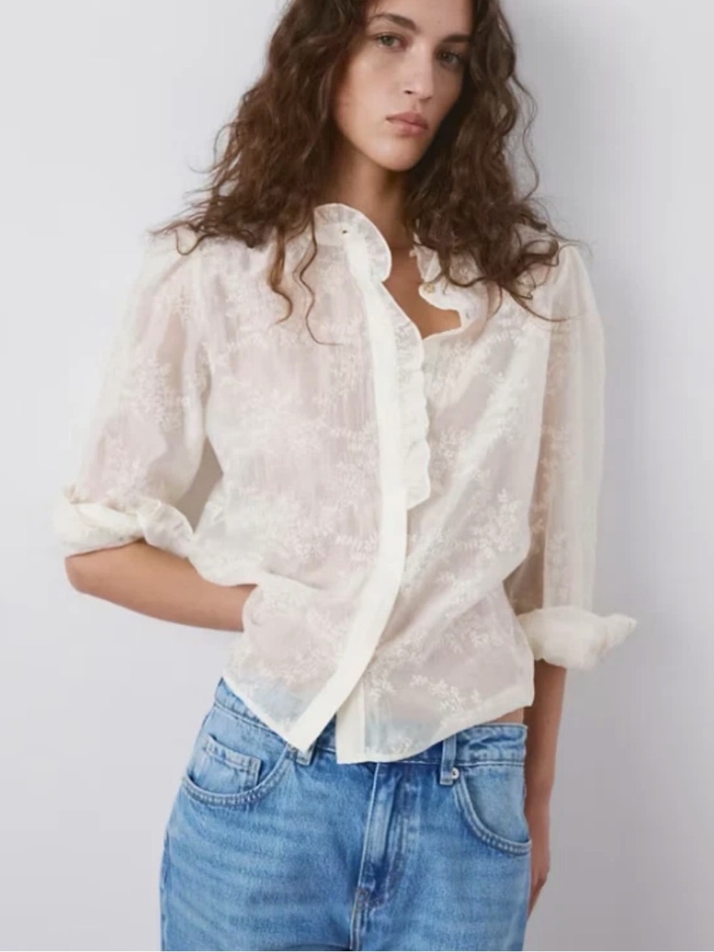 NWT Mango MEDIUM high neck frill detailing sheer blouse in cream white